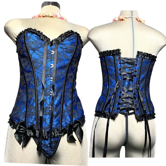 *NEW*Gorgeous Sexy Blue and Black Women Bustier Corset  Set Lace Up Bone… - Picture 5 of 17